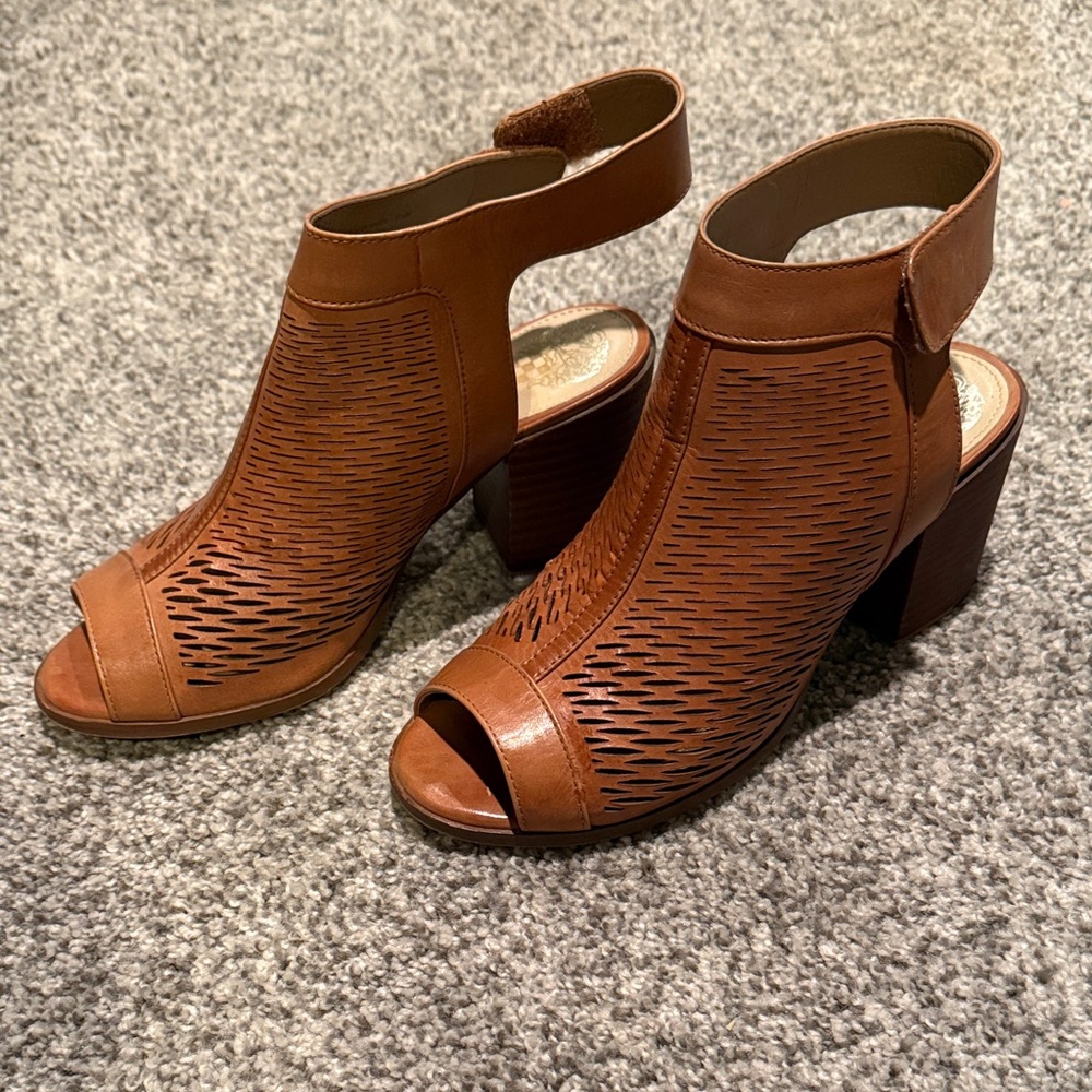 Vince Camuto Tan Peep-Toe Block Heels